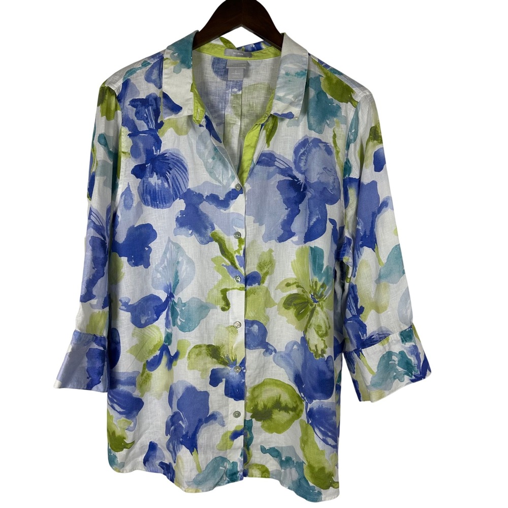 Chico's Blue Green Watercolor Floral‎ No-Iron 100% Linen Button-up 16 XL Artsy